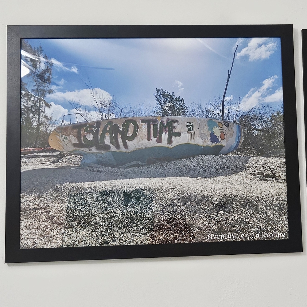 20x16 Coastal Graffiti Boat Photo Print in Black Frame - Blue & White